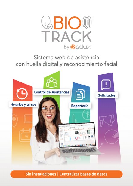 Portada del brochure comercial de BIOTRACK, sistema web de control de asistencia